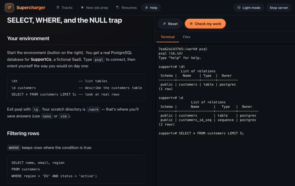 A lesson can include the scenario, terminal, files, and checkpoint validation in one place.