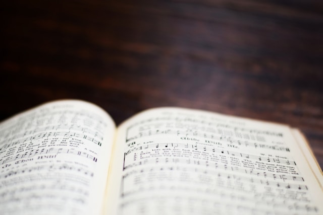 Open hymn book on table